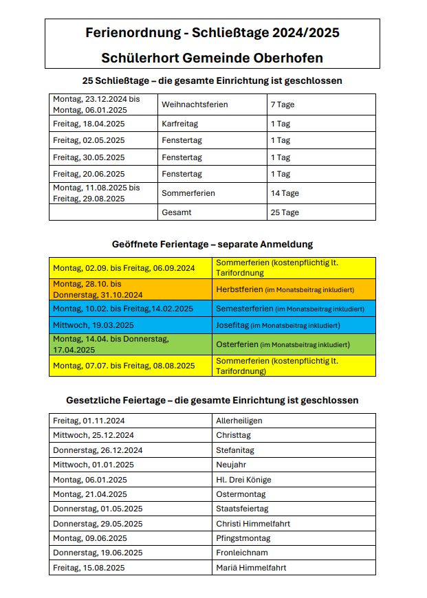 Ferienordnung und Schließtage für das Betreuungsjahr 2024_2025